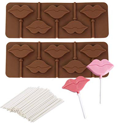 2Pcs Lips Lollipop Molds with 100Pcs Sticks, 3D Lips Silicone Chocolate Mold Hard Candy Gummy Mould Valentine's Day Gift