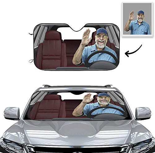Personalisierte Frontscheibenabdeckung mit Foto Visierschutz Scheibenfrostschutz gegen Sonnen Schnee EIS Frost Universell für Autos und SUV Winter Sommer Lustiges Geschenk 70 x 130 cm