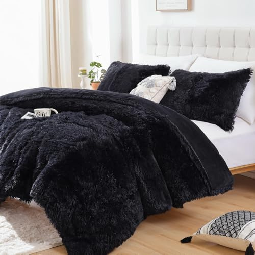 Smoofy Shaggy Schmusetuch Set, Flauschiges Set Queen/Full, 3-teiliges Schmusetuch, Ultra Soft Plüsch & Samt Flanell Stoff, Schwarz, 1 Bettdecke (gefüllt) und 2 Kissenbezüge (Queen, Schwarz)