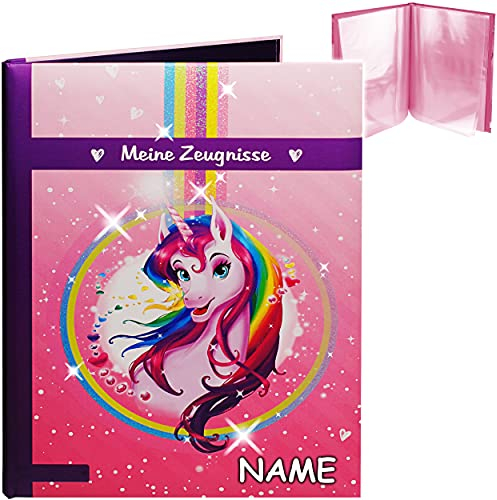 3D Glitzer - Zeugnismappe/Dokumentenmappe Motivwahl Einhorn - Pferd inkl. Name - Meine Zeugnisse gebunden - Buch mit festen Seiten - A4 - A 4 - Zeug..