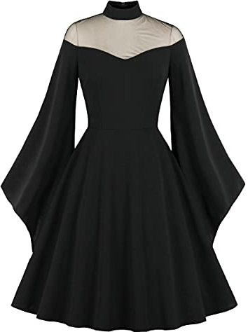 Wellwits Women's Mesh Bell Sleeves Halloween Gothic Vintage Dress Black XL