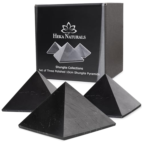 Heka Naturals Polierte Shungit Pyramide Kristall 3er-Set | 10 cm - Schwarze Mineralsteine für Dekoration & Meditation - Wohnzimmerkristalle - Natürliche Barriere & Reiniger - Fullerene