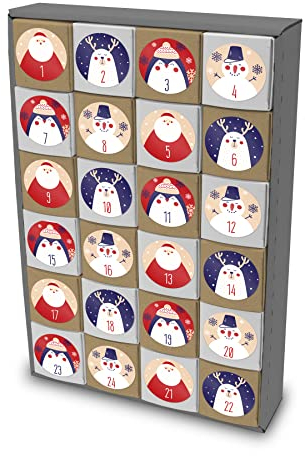 itenga Adventskalender 32,5x21cm zum Füllen 24 Schachteln zum Befüllen Würfel Form 5x5cm mit Zahlenstickern Weihnachtsfiguren
