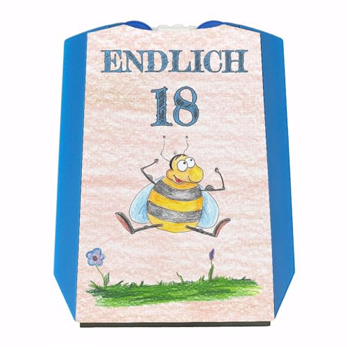 Endlich 18 Parkscheibe mit hüpfender Biene Geschenk zum 18 Geburtstag eigenes Auto Freunde über 18 erwachsen praktisch mit Eiskratzer und Wasserabstreifer Party Mitbringsel