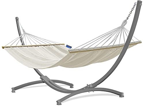 Potenza Outdoor Hängematte mit Gestell für 2 Personen I Stabhängematte XXL 220x160, 200kg I Hängemattengestell 220kg Wetterfest (Ecru, Gestell Grau)