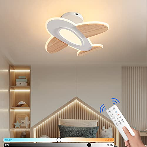 Holz Deckenlampe Kinderzimmer Flugzeug, LED Dimmbar Deckenleuchte Kinder, 40W 3600lm, Kinderzimmerlampe mit Fernbedienung, Cartoon Lichter für Junge Mädchen Schlafzimmer, Wohnzimmer, 50 CM