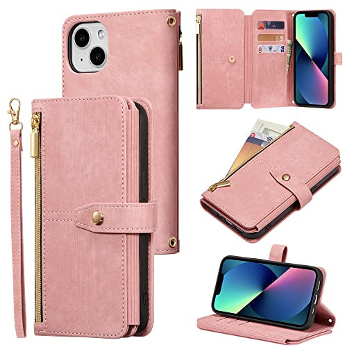 ZCDAYE Wallet Case for iPhone 13, Premium Leather Phone Case Women Ladies Holster with Card Slots Wrist Strap Zipper Flip Phone Cover for iPhone 13 (6.1 inches), Rose Gold