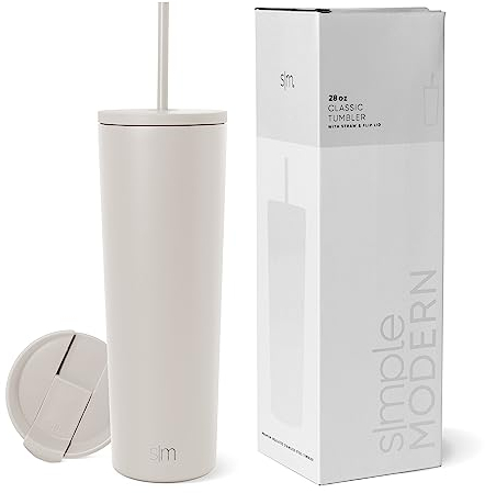 Simple Modern Thermobecher mit Strohhalm und Deckel | Trinkbecher mit Henkel Wiederverwendbare Edelstahl | Geschenke für Frauen und Männer | Classic | 830ml | Almond Birch