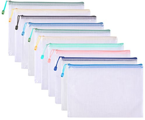 Awilnax Plastic Wallets, 10Pcs A4 Zip Wallet Folders Mesh Document ZipLock Bags for Files Storage, School, Office, Homework Travel Storage Bags, Paper Organization, Cosmetics, Toy Storage (10)