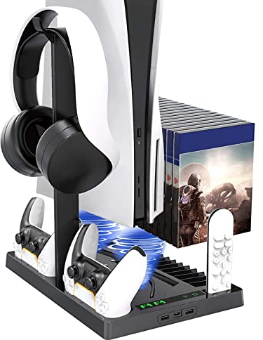Goshyda Vertikaler Lüfterständer für PS5-Konsole, Digital Editions Dual-Controller-Ladegerät, 2 leise Kühlventilatoren, Ladestation-Zubehör, für 5