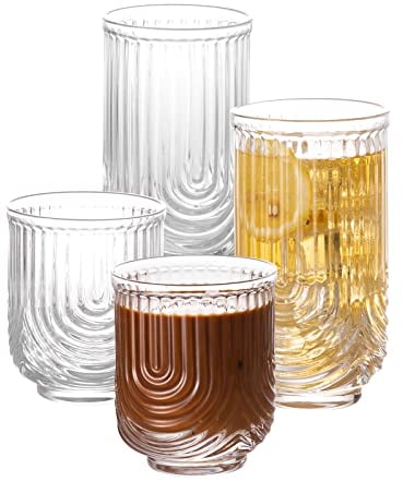POLIDREAM Drinking Glasses Set of 4 Embossed Glass Tumblers 350ml & 400ml Vintage Whiskey Glasses U Shape Ribbed Glasses Hobnail Cocktail Glasses Romantic Drinking Glasses Iced Coffee Glasses