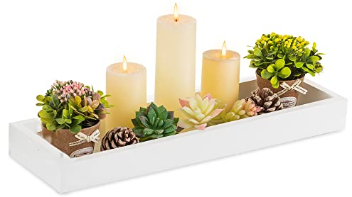 Hanobe Plateau de Service Bois: Rectangulaire Etroit Decoratif Cafe Plats et Plateaux Moderne Blanc Petit Deco Table Pas de Poignée Plateau en Bois de Bougie pour Salle de Bain