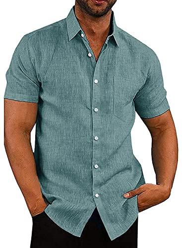 APOONABA Hemd Herren Freizeithemd Einfarbig Kurzarm Shirts Sommer Hemden für Herren Button down Baumwolle Western Bluse Strand Frühling Coton T-Shirt Grün 2XL