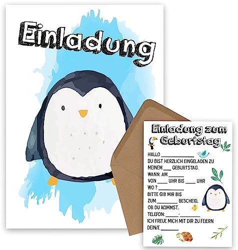 OWLBOOK Pinguin Safari 5 Einladungskarten Kindergeburtstag Junge Mädchen Kinder - Wilde Tiere Geburtstag - Kindergeburtstagseinladungen Wald Tiere Zoo Dschungel Einladungen zum Ausfüllen mit