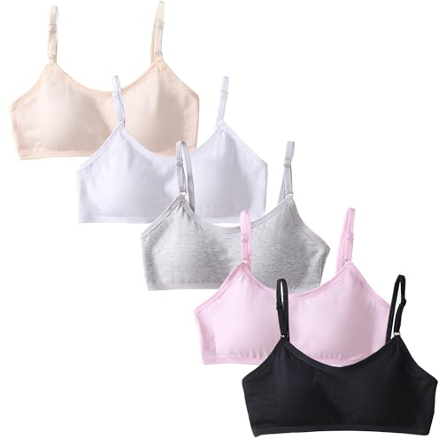 FIRITHYC Mädchen gepolsterte Training BHS, 5Packs Teen Mädchen dünne Baumwolle atmungsaktiv Sport-BH passen für 10-16 Jahre Draht frei Push-up-BH Laufen (5 Packs)