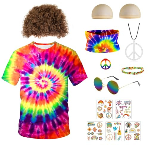 Hippie Kostüm Set, 70er Kostüme Hippie T-Shirt Perücke Brille Peace Halskette Stirnband, 60er und 70er Jahre buntes T-Shirt Sonnenbrille Stirnband Peace Halskette (Mehrfarbig, XXL)