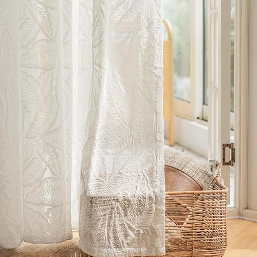 Lactraum Gardine Wohnzimmer Schlafzimmer Weiß Luxus Relief Vorhang Jacquard Blätter mit Kräuselband (100 x 245 cm (BxH))
