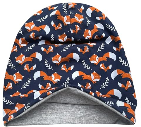 Wollhuhn ÖKO Jungen/Mädchen Bequeme Weiche Long Beanie/Mütze/Beanie-Mütze/Strickmütze/Kindermütze Jersey Gefüttert Übergangszeiten (Öko-Stoffe/Bio) (LB Füchse Dunkelblau, M)