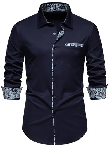 Men's Inner Contrast Dress Shirt Paisley Business Casual Smart Formal Classic Long Sleeve Regular Fit Button Down Wedding Party Work Shirts with Pockets-A355-Dark Blue-M