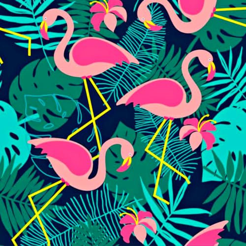 Textrend tissu imperméable au mètre, Tissu polyester en plusieurs couleurs, Textiles 1x1,60m, Tissus au mètre (Flamants roses sur fond bleu foncé et vert)