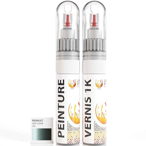 ipixline Kit Retouche Peinture Carrosserie Voiture - Stylo Correcteur Peinture Auto 30 ml, Vernis Brillant 1k 30 ml - Compatible avec Renault - Vert Cuivre D97