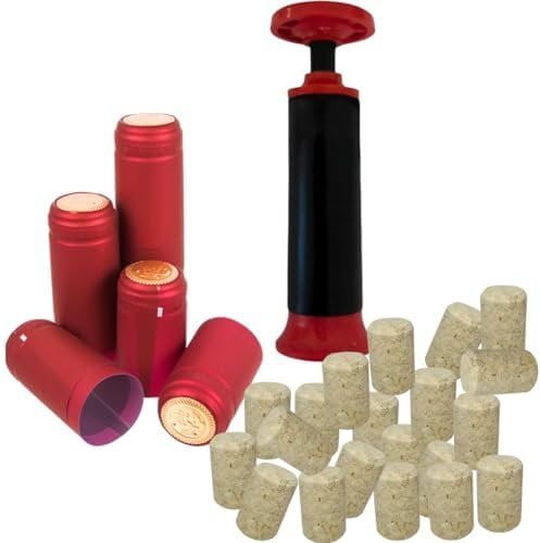 DIAH DO IT AT HOME Home Brew Wine Closing Kit Hand Corker - 20 Corks and 100 Red Shrink Caps