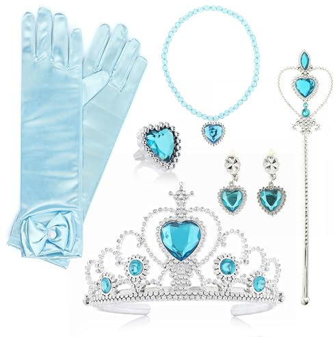 KarneLux Prinzessin Zubehör Set 8 tlg. - Eiskönigin Kostüm Accessoires für Mädchen mit Krone, Zauberstab, Handschuhe und Schmuck für Geburtstag, Karneval und Fasching