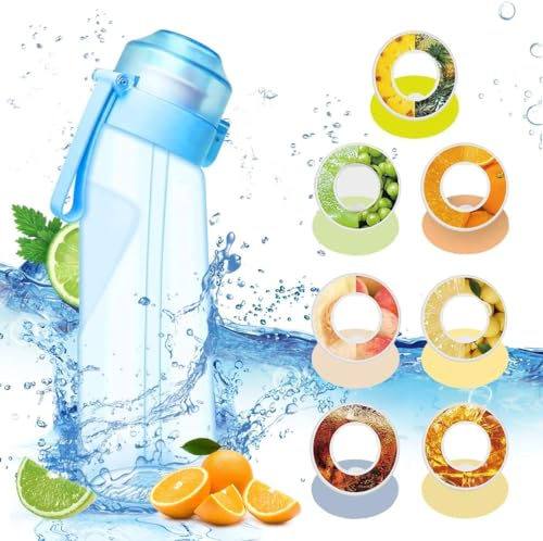 Luft-Wasserflasche, BPA-frei, 650 ml, Fruchtduft, Wasserflasche mit 5 Geschmacksrichtungen, auslaufsicher, Sport-Wasserbecher mit Strohhalm, Blau