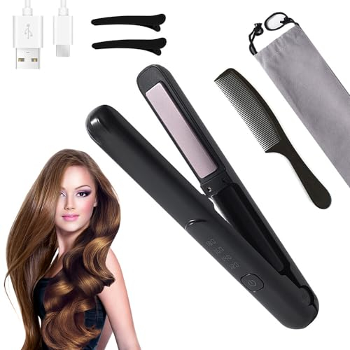 Plancha Pelo Inalambrica, TGKYK 2 en 1 Mini Plancha Pelo con 4 Temperaturas, Batería 2600mah, Carga Usb-C, Plancha Pelo Mini, Plancha Pelo Pequeña para Alisar y Rizar el Pelo