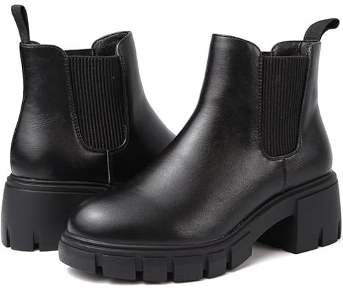 Chelsea Boots Women Ankle Black Boots For Women Uk Platform Ladies Walking Elastic Chunky Heel Lug Sole Slip On Boot Waterproof Winter Booties Size 6 Uk Artificial Leathe Botines Para Mujer Combat