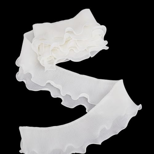 FINGERINSPIRE 2.7 m 2 Lagige Rüschen Plissee Borte 85mm Breit Weiße Chiffon Borte Gerafftes Rüschenband Polyester Spitzen Rüschenbesatzband Plissierter Einfassbesatz Stoff Zum Nähen Basteln