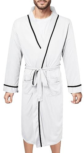 WAZHAKU Men's White XXXXL Plus Size Cotton Long Sleeves Travel Bathrobe Kimono Sauna Gown Leisure Loungewear with Pockets and Belt House Coat