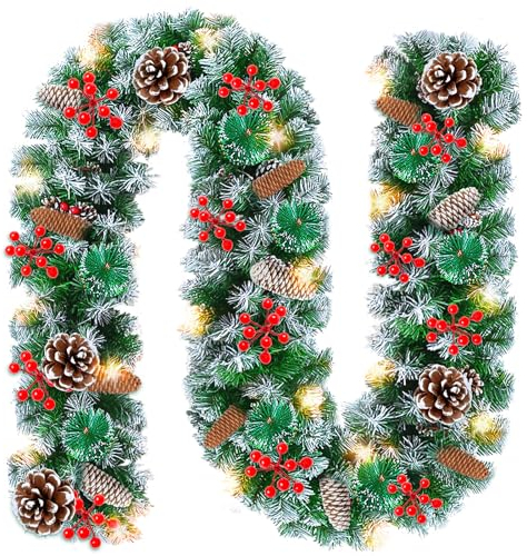 BUOAZR Weihnachtsgirlande 2.7m mit Warmweiß Beleuchtung, 2 Lichteffekte, Tannengirlande Künstlich, Weihnachtsgirlande Grün Weihnachtsgirlande Deko für Kamine Treppen Wand Tür Draußen Innen Balkon