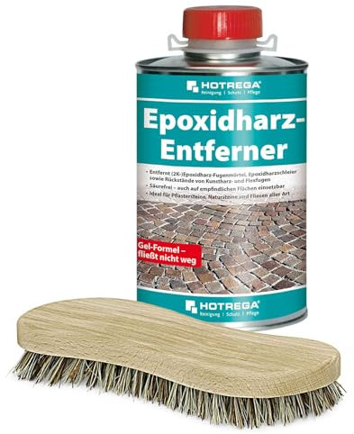 HOTREGA Epoxidharz-Entferner Gel 1 L | Säurefreier Reiniger für (2K-) Fugenmörtel, Epoxidharzschleier, Kunstharzrückstände | inkl. Wurzelbürste