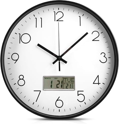 WIYETY Weiß Wanduhr Uhr mit Temperaturanzeige: 30cm Lautlos Wanduhr mit Digitaler Kalender und Thermometer, Silber Analog Quarzuhr, Analoge Wanduhr für Wohnzimmer Schlafzimmer Büro Küche, Glas