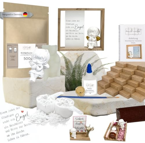 PD mach's selbst PAUL & DANIELA Gießpulver Starterset Engel, Geschenke selber Machen, Holzklötzchen zum basteln, Schutzengel, Silikonform Engel, gipspulver zum gießen