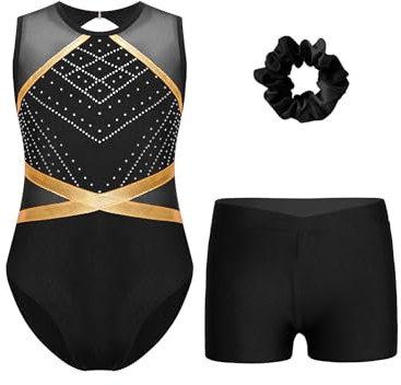 iEFiEL Mädchen Turnanzug Glitzer Strass Gymnastikanzug Tanzbekleidung Set mit Haarband Glänzende Leotard und Shorts Gymnastik Outfits Schwarz 170-176