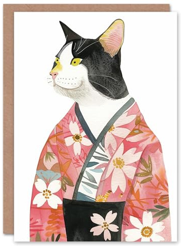 Artery8 Tuxedo Cat Lover Pet Pink Floral Japanese Kimono Blank For Him Or Her Art Birthday Card