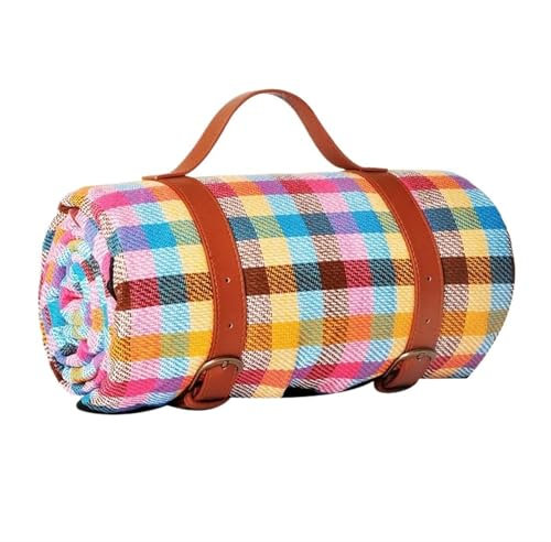 Große wasserdichte Outdoor-Picknickmatte mit Lederband, buntes Karo- und Streifen-Design, rechteckige Schlafdecke für Camping, Strand und Zimmer, Teppich, 200 x 300 x 0,4 cm