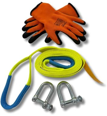 Damar Webbing Solutions Ltd Tow Strap 5ton Heavy Duty 4mtr with 2 shackles FREE THERMAL GLOVES! (Hi Vis Yellow)