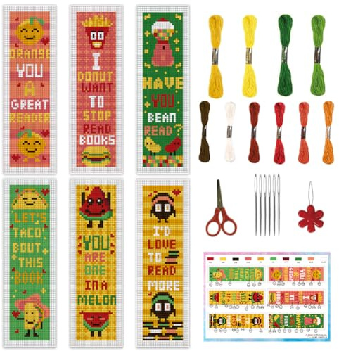 INFUNLY 6PCS DIY Kreuzstich Lesezeichen Kits für Anfänger Erwachsene ermutigende Worte Stickerei Lesezeichen Kit mit Anleitung Obst gezählt Kreuzstich Kit für Buchliebhaber Leser Schriftsteller