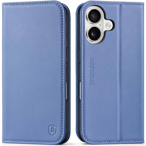 SHIELDON Case for iPhone 16 6.1, Genuine Leather Wallet Case with Card Holder [Kickstand][RFID Blocking] Magnetic Closure Shockproof Flip Folio Cover Compatible with iPhone 16 - Wisteria Purple