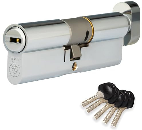 Cylinder LockColossus Polished Chrome 3 Star Kitemarked Thumb Turn Euro Cylinder Lock 50EX/50T (100mm), British Standard TS007 Anti-Snap Barrel Lock, Upvc Door Lock.(45/45T)