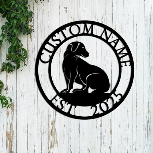 Personalized Metal Dog Kennel Sign, Custom Metal Dog Name Sign, Round Black Wall Decor (Sitting Gracefully)