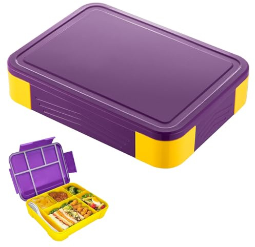 Eastrise Bento Lunch Box 1330ml - 6 Compartments Leak-Proof Snack Box with Removable Dividers, Microwave & Dishwasher Safe Bento Box for Adults & Kids, Includes Cutlery Set & Sauce Container (Purple)