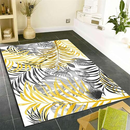 SOJAWA Tropical Rainforest Area Rug, 60x90cm Gold and Grey Plant Leaf Rugs, Washable No-Wrinkle Banana Leaf Palm Leaf Printed Carpets for Sofa Hallway Welcome Entryway Carpet Mat
