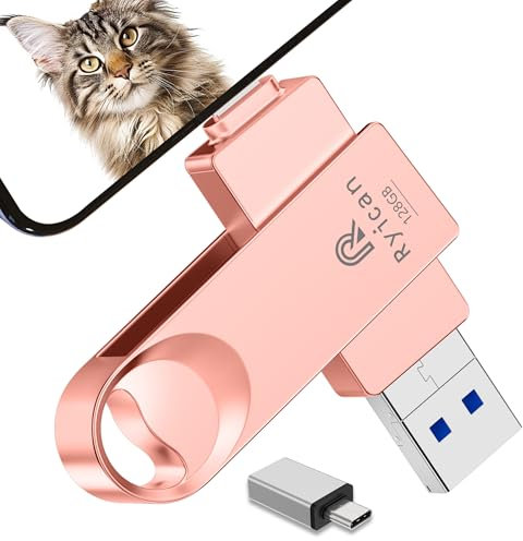 [Ohne APP] USB Stick für lPhone,Ryican 128GB Speicherstick USB für lPhone 4 in 1 USB C Stick USB 3.0 Externer Speicher Pendrive für iOS/Smartphone/Pad/OTG Android/PC/Tablet,Rosa