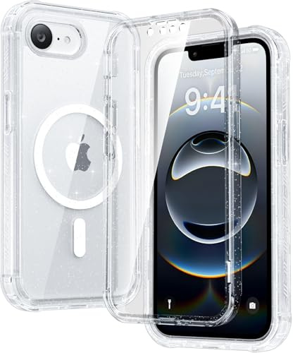 Diaclara Magnetic Designed for iPhone 16e Case, Full Body Rugged Case with Built-in Touch Sensitive Anti-Scratch Screen Protector, Soft TPU Bumper Sleeves Case (Clear Glitter)