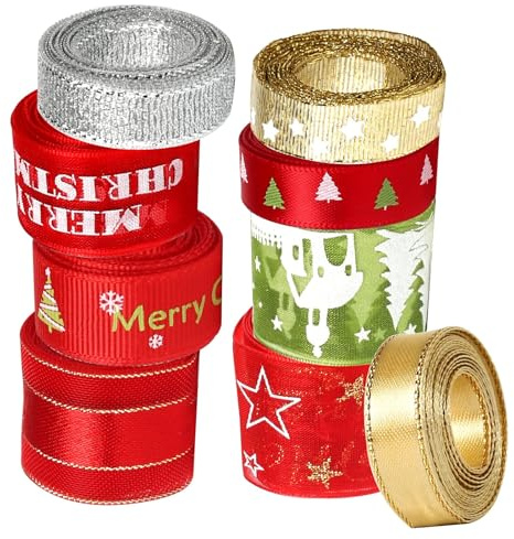 AWBEOT 9 Stück Geschenkband Weihnachten Breit 10mm 16mm 26mm Weihnachtsbänder mit Draht Schleifenband Satinband Dekoband für Geschenke Verpakung Deko Weihnachtsdeko (Rot, Grün, Weiß, Silber)