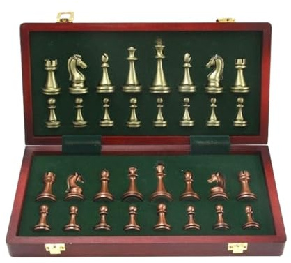 AZHKJKZH Internationales Schachspiel Schachset Aus Metall, Glänzende Bronze Und Messing, Schachfiguren Aus Massivem Holz, Klappbares Schachbrett, Professionell Weihnachts Neujahrsreisen